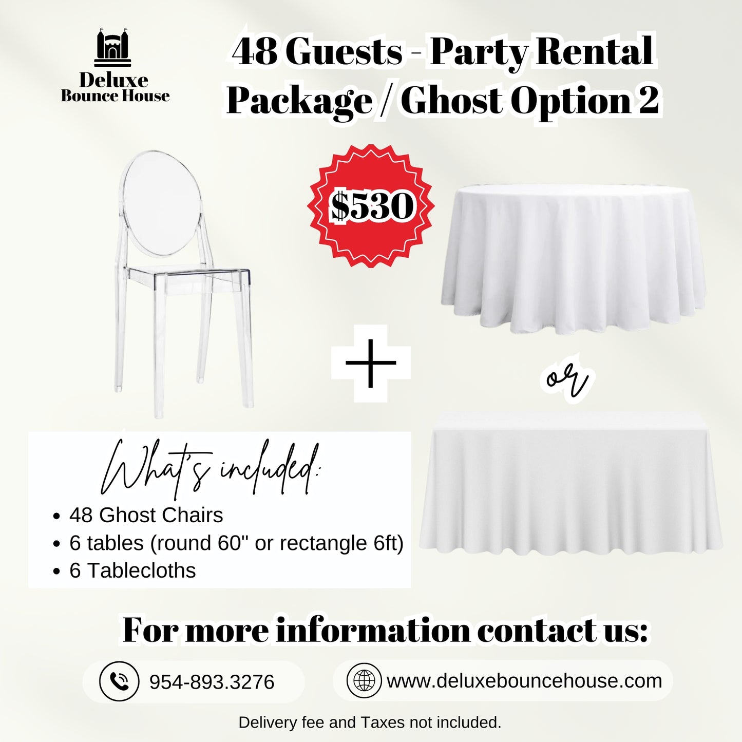 48 Guest - Party Rental Package Ghost chairs & tables