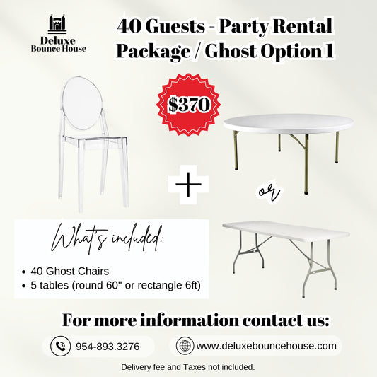 40 Guest - Party Rental Package Ghost chairs & tables