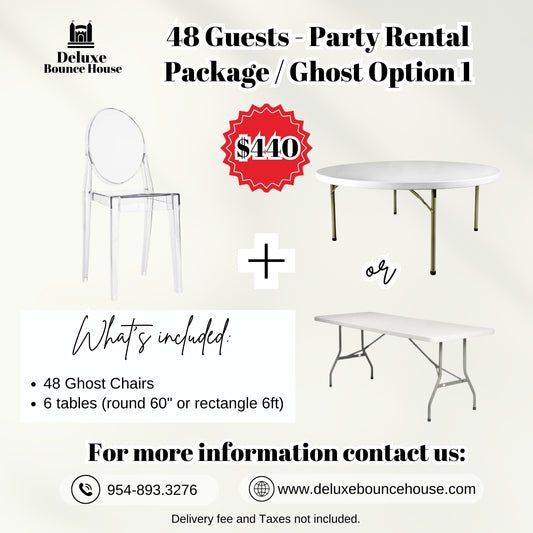 48 Guest - Party Rental Package Ghost chairs & tables