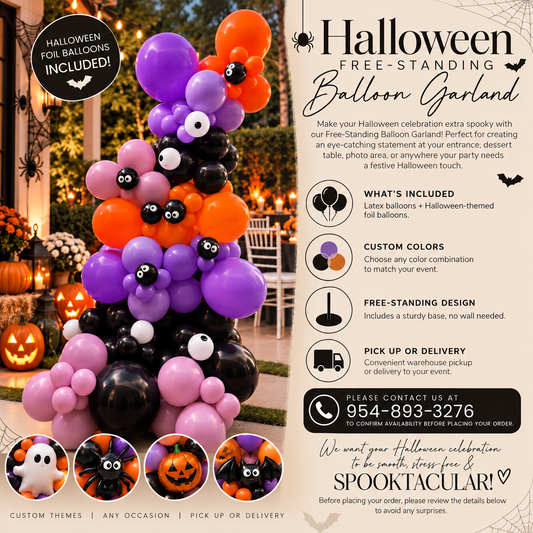 Promotional graphic for a Halloween free-standing balloon garland kit, showing a tall balloon tower in orange, purple, pink, and black with small bat and spider accents. The left side features a decorated porch scene with the assembled garland, and the right side contains product details, included foil balloons, custom color options, and contact information.