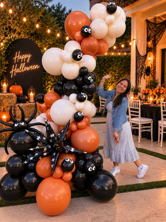 A woman stands beside a large Halloween balloon decoration at an outdoor patio. The decoration features black, orange, and white balloons, including spider and eye motifs, with a 'Happy Halloween' sign in the background.
