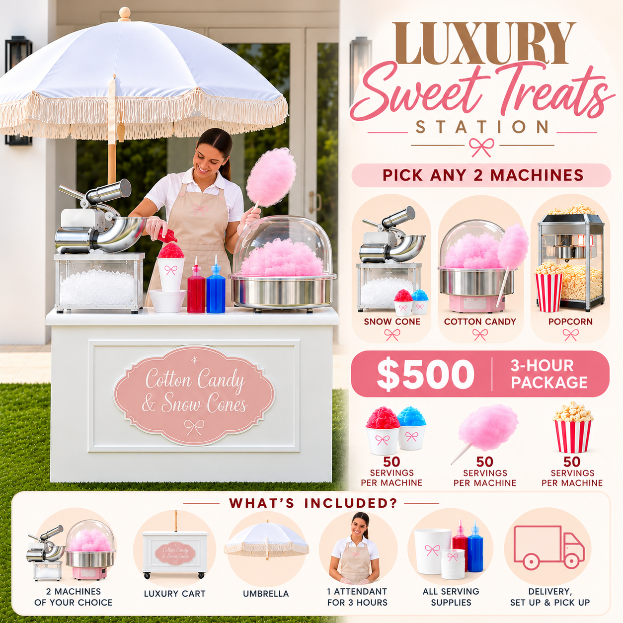 Luxury Sweet Station with Attendant ✨ Pick Any 2 🍿🍭🍧